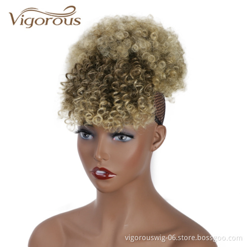 Vigorous Best Selling Wholesale Updo Ponytail Chignon With Bang Ombre Blonde Kinky Curly For Black Women Synthetic Afro Hair Bun